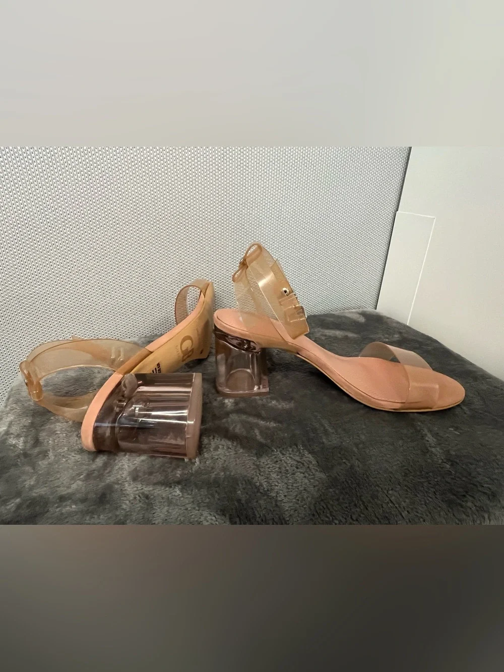 Gianni Bini Clear Block Heel Vinyl Strap Sandals in Nude. Padded footbed. 7.5